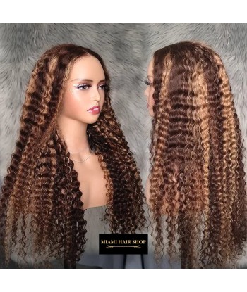 Deep Wave Chatain Méché blonde Perücke ohne Kleber mit vorgekoppelter Spitze la chaussure