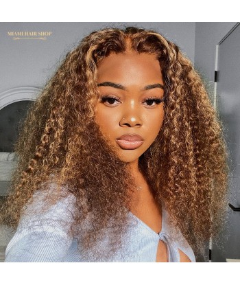 Perruque Kinky Curly Chatain Méché Blond Sans Colle avec Dentelle Pré-Coupée plus qu'un jeu 