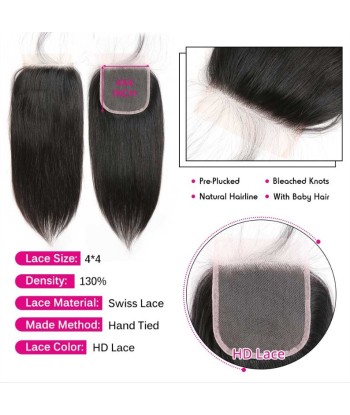 3 Paquets de Tissage  + Closure Straight brillant des détails fins