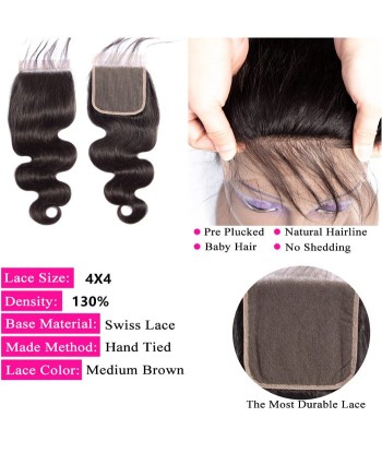 3 Paquets de Tissage  + Closure Body Wave hantent personnes