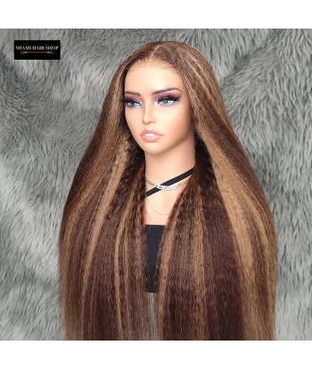 Perruque Yaki Straight Chatain Méché Blond Sans Colle avec Dentelle Pré-Coupée pas cher