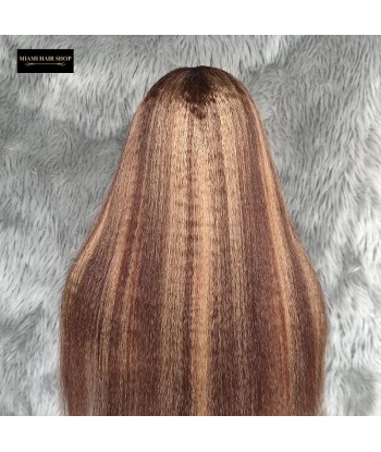 Perruque Yaki Straight Chatain Méché Blond Sans Colle avec Dentelle Pré-Coupée pas cher